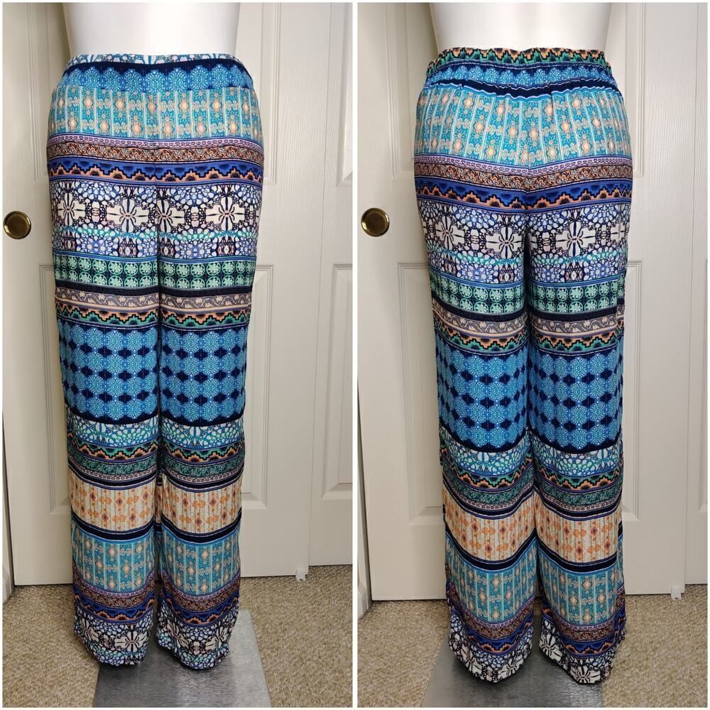 Roz & Ali elastic boho wide leg pants sz L